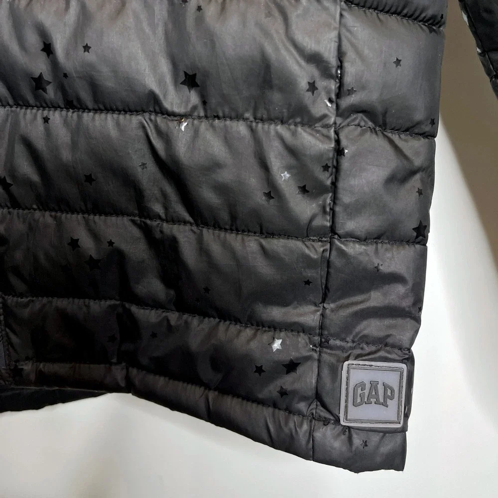 Gap Kids‎ Black Puffer Primaloft Jacket Star Print Hooded Zip Up Size M
